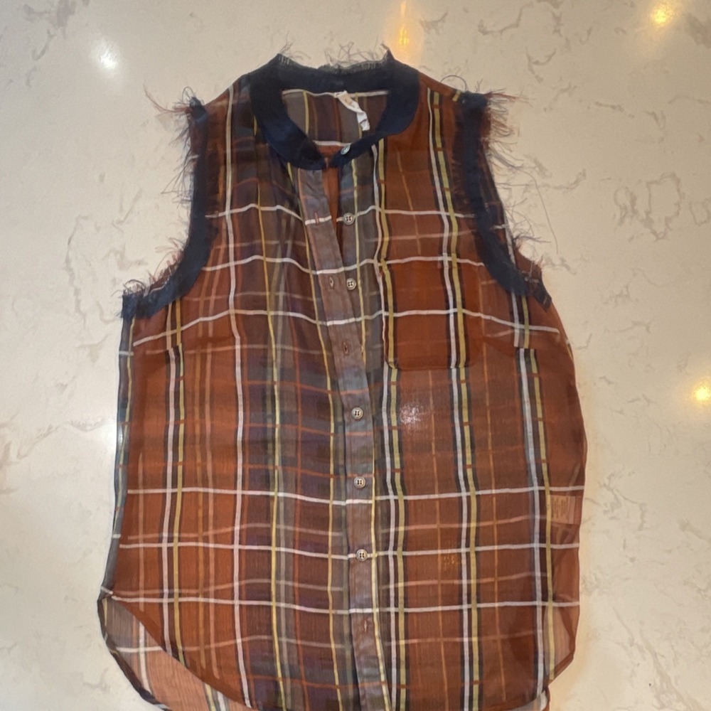 Samuji Brown/Blue Plaid Silk Woven Collared Sleeveless Button-Up Top‎ One Size